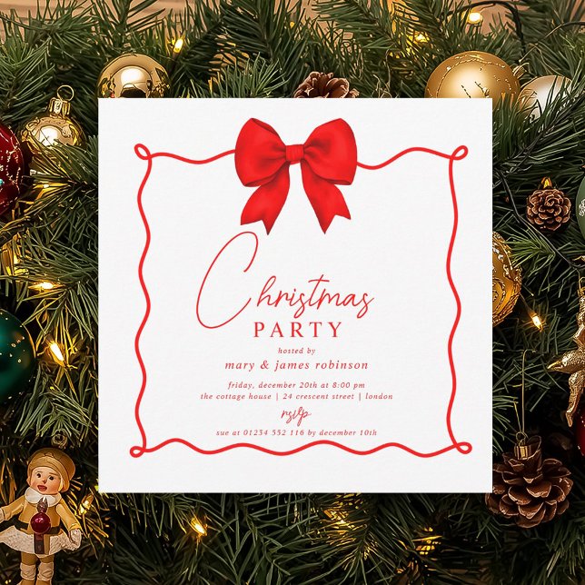 Whimsical Red Bow Christmas Holiday Party  Invitation (Whimsical Red Bow Christmas Holiday Party Invitation)