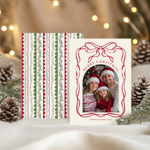 Whimsical Red Bow Frame Family Photo Christmas Holiday Card