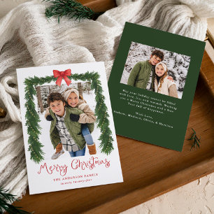 Whimsical Red Bow Garland Christmas 2 Photo Holiday Card