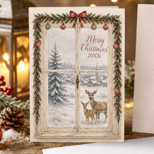 Whimsical Red Bow Garland Vintage Style Christmas Holiday Card