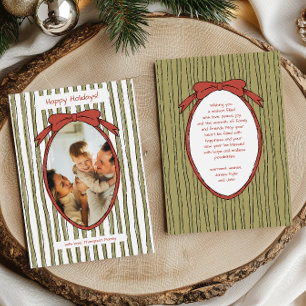 Whimsical Red Bow Green Stripes Photo Christmas Holiday Card