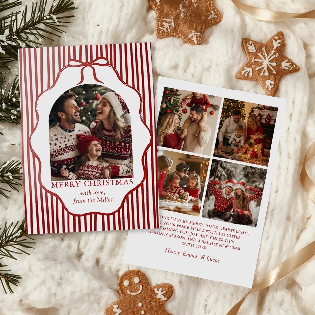 Whimsical Red Bow Merry Christmas Family Photo Holiday Card (Creator Uploaded)