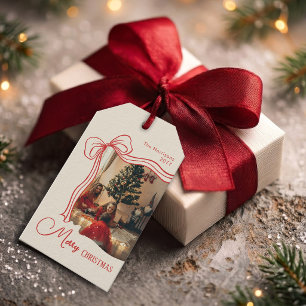 Whimsical Red Bow Merry Christmas Photo Gift Tags