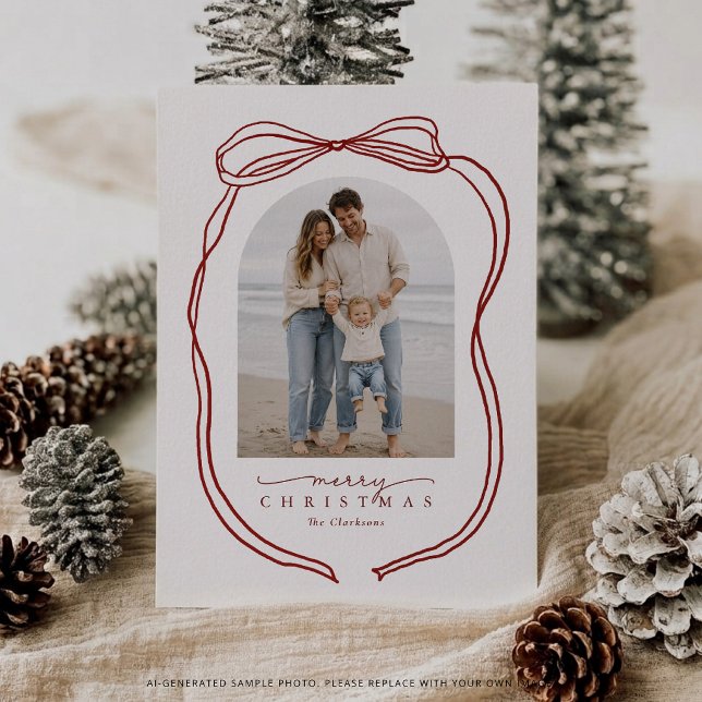 Whimsical Red Bow One Photo Christmas Card (Creator Uploaded)