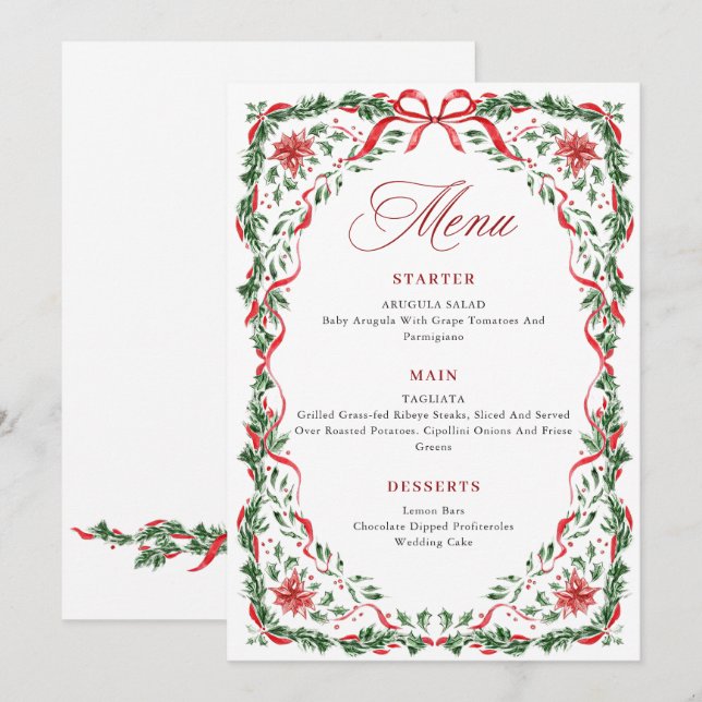 Whimsical Red Bow Printable Christmas Menu Card (Front/Back)