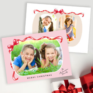 Whimsical Red Bow Ribbon 3 Photos Christmas Holiday Card