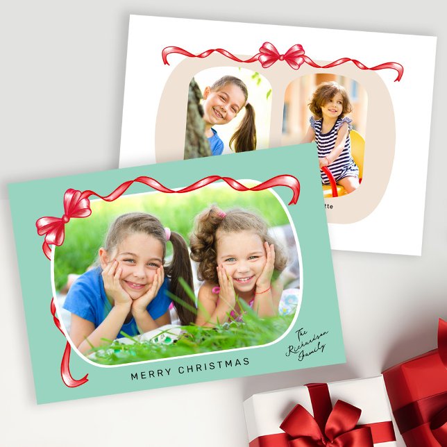Whimsical Red Bow Ribbon 3 Photos Christmas Holiday Card (Creator Uploaded)