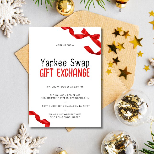 Whimsical Red Bow Yankee Swap Gift Exchange Invitation (Whimsical Red Bow Yankee Swap Gift Exchange Invitation)