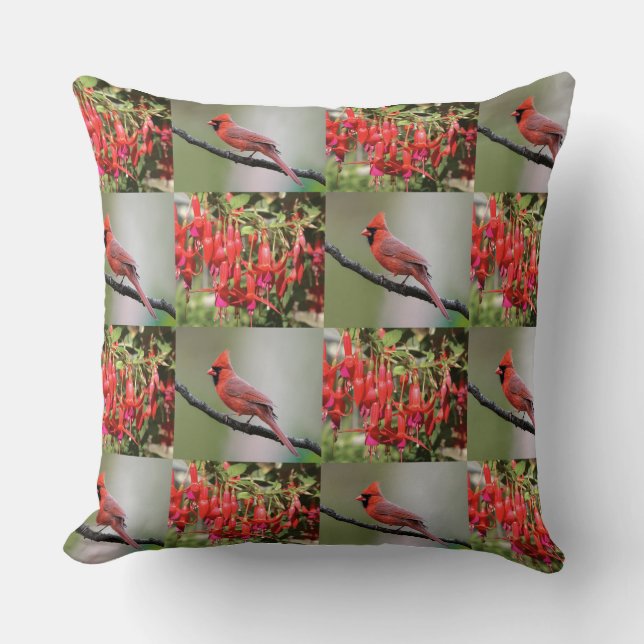 Whimsical Red Cardinal and Fuchsia Pattern Cushion (Front)