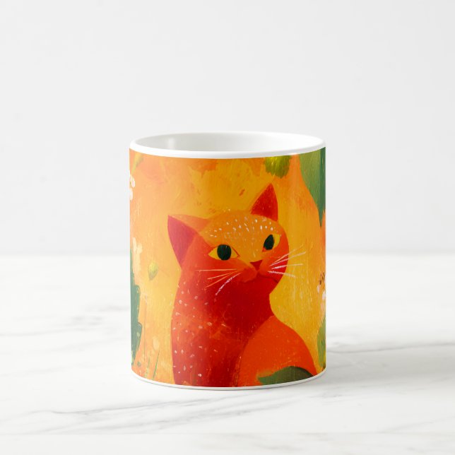 Whimsical Red Cat Wildflower Garden Coffee Mug (Center)
