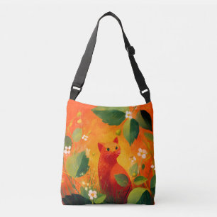 Whimsical Red Cat Wildflower Garden Crossbody Bag