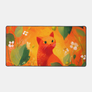 Whimsical Red Cat Wildflower Garden Desk Mat