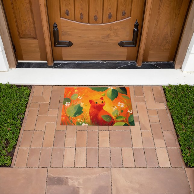 Whimsical Red Cat Wildflower Garden Doormat (Outdoor)