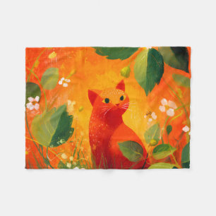 Whimsical Red Cat Wildflower Garden Fleece Blanket