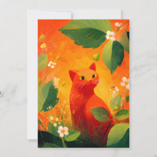 Whimsical Red Cat Wildflower Garden Holiday Card