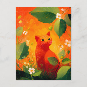 Whimsical Red Cat Wildflower Garden Holiday Postcard