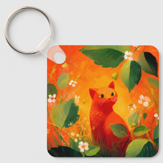 Whimsical Red Cat Wildflower Garden Key Ring (Front)