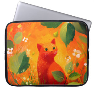 Whimsical Red Cat Wildflower Garden Laptop Sleeve