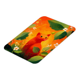 Whimsical Red Cat Wildflower Garden Magnet