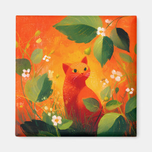 Whimsical Red Cat Wildflower Garden Magnet