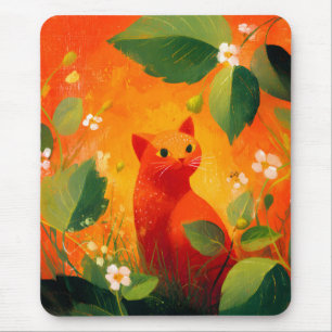 Whimsical Red Cat Wildflower Garden Mouse Pad