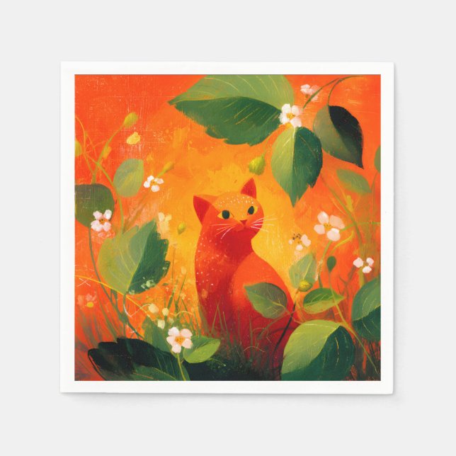 Whimsical Red Cat Wildflower Garden Napkin (Front)