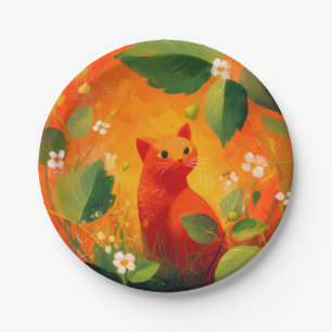 Whimsical Red Cat Wildflower Garden Paper Plate