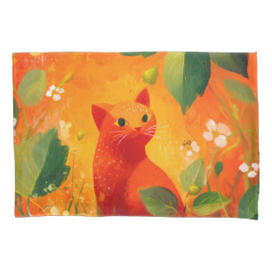 Whimsical Red Cat Wildflower Garden Pillowcase