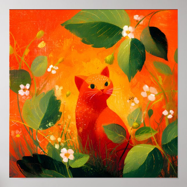 Whimsical Red Cat Wildflower Garden Poster (Front)