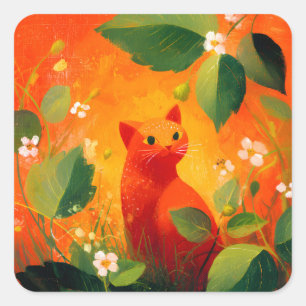 Whimsical Red Cat Wildflower Garden Square Sticker