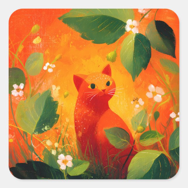 Whimsical Red Cat Wildflower Garden Square Sticker (Front)