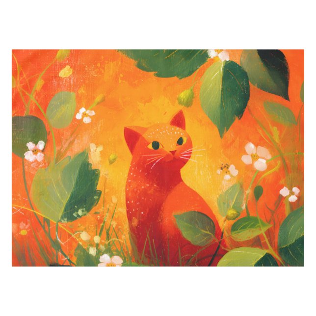 Whimsical Red Cat Wildflower Garden Tablecloth (Front (Horizontal))
