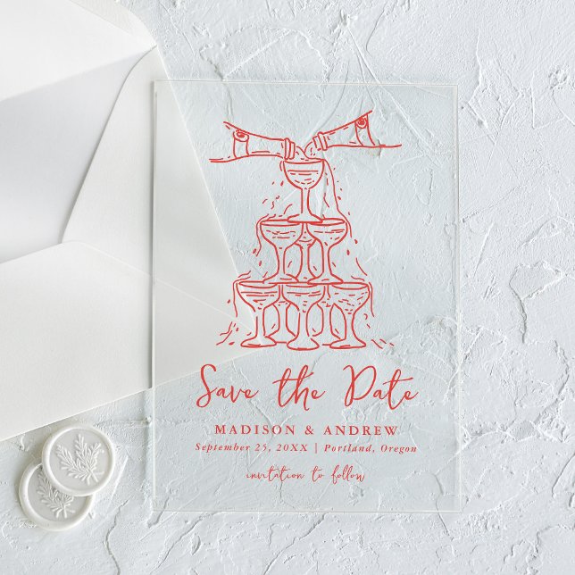 Whimsical Red Champagne Tower Save the Date Acrylic Invitations (Creator Uploaded)