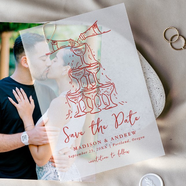 Whimsical Red Champagne Tower Save the Date Vellum Invitations (Creator Uploaded)