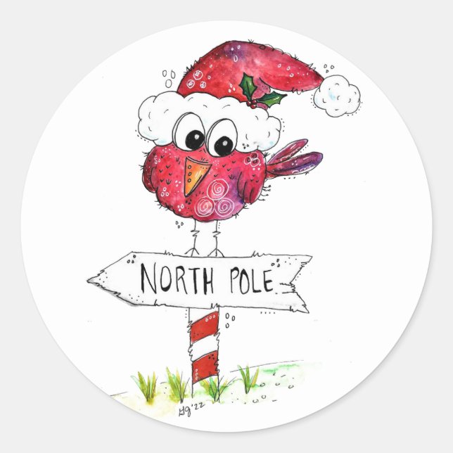 Whimsical Red Christmas Bird Classic Round Sticker (Front)