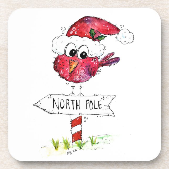 Whimsical Red Christmas Bird Coaster (Front)