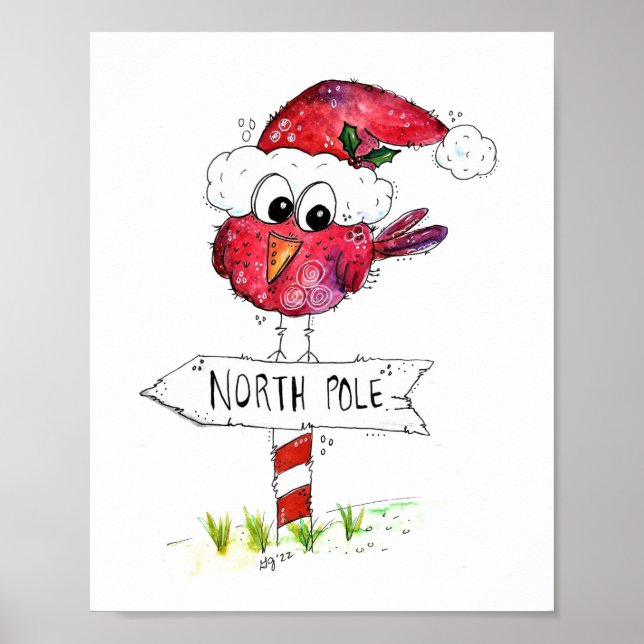 Whimsical Red Christmas Bird Poster (Front)