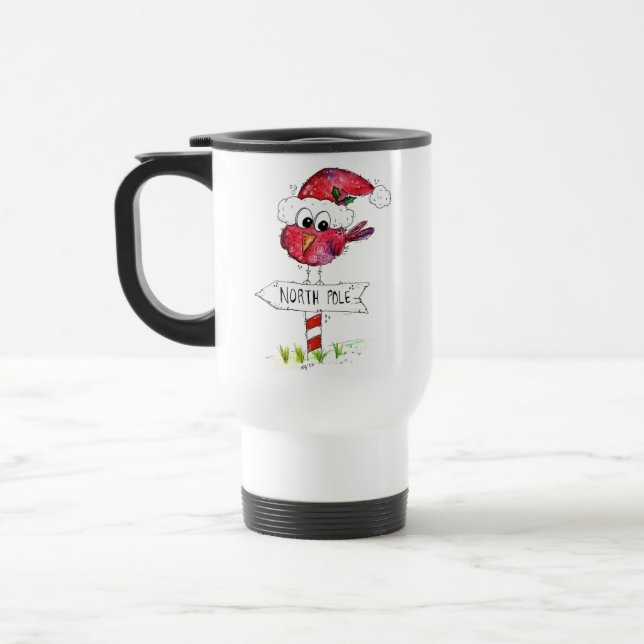 Whimsical Red Christmas Bird Travel Mug (Left)