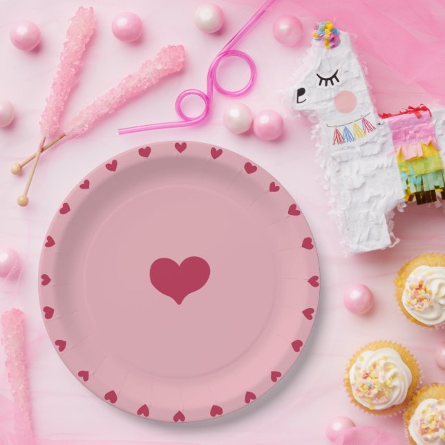 Whimsical Red Doodled Hearts on Soft Pink Paper Plate (Party)