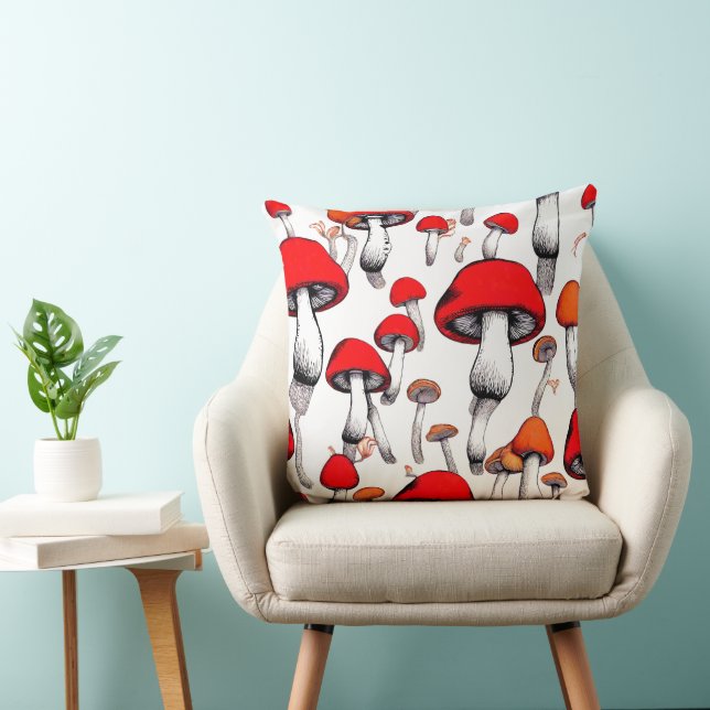 WHIMSICAL RED FLOATING MUSHROOMS DIGITAL ART  CUSHION (Chair)