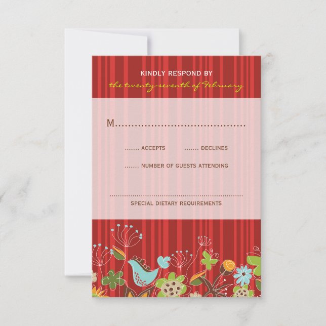 Whimsical Red Floral Garden Wedding RSVP Card (Front)