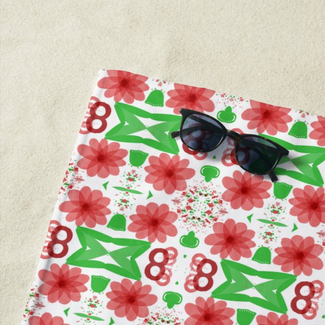 Whimsical Red Flowers Green Leaves On White Art Beach Towel (In Situ)