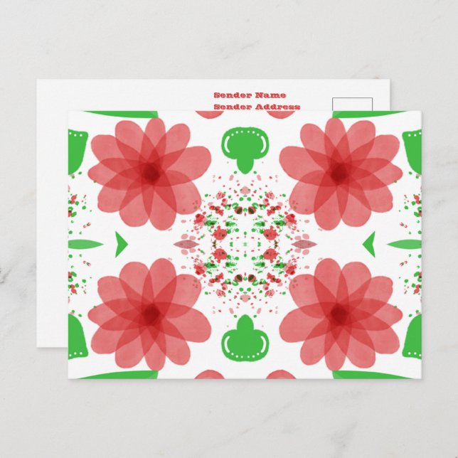 Whimsical Red Flowers Green Leaves On White Art Postcard (Front/Back)