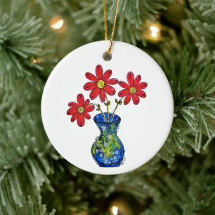 Whimsical Red Flowers in Blue Vase Ceramic Tree Decoration