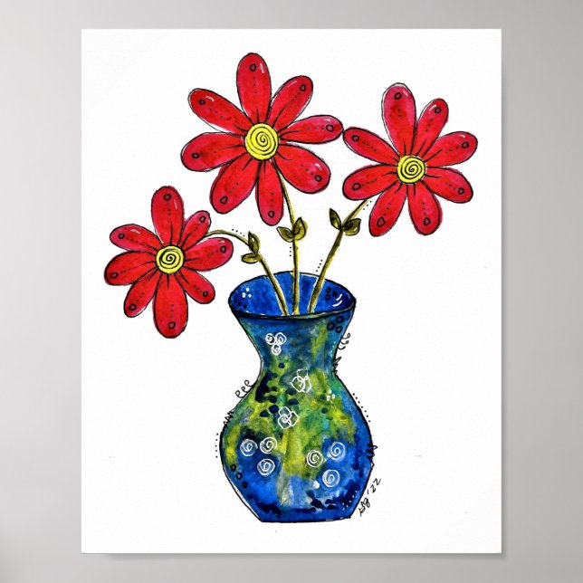 Whimsical Red Flowers in Blue Vase Poster (Front)