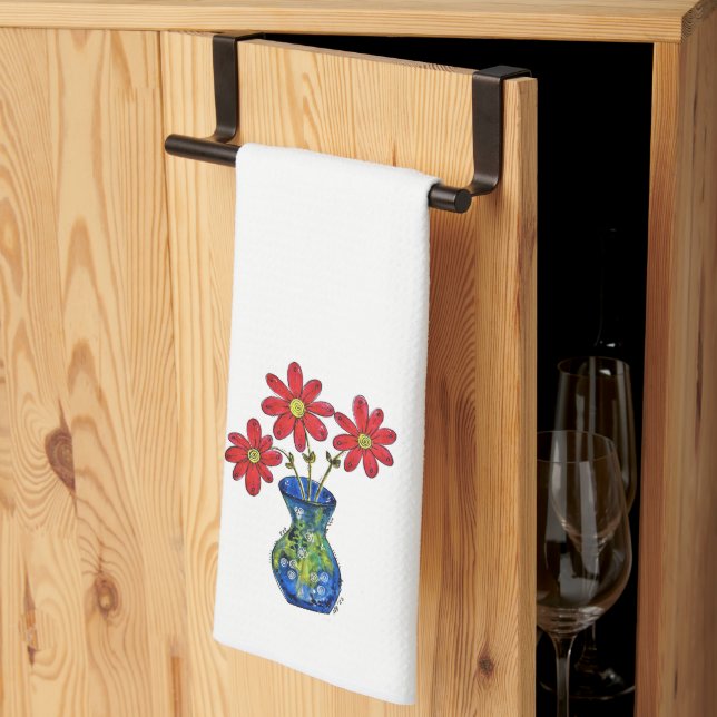 Whimsical Red Flowers in Blue Vase Tea Towel (Thirds Fold)