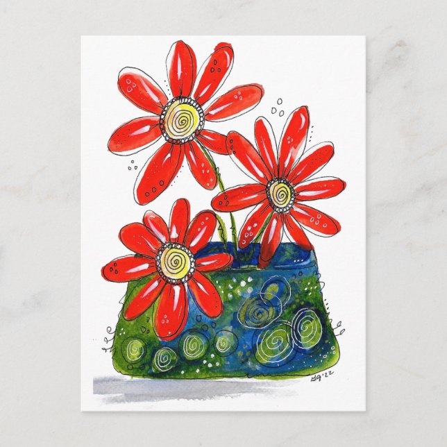 Whimsical Red Flowers Postcard (Front)