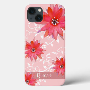 Whimsical Red Flowers Swirly Leaves Add Name Pink iPhone 13 Case