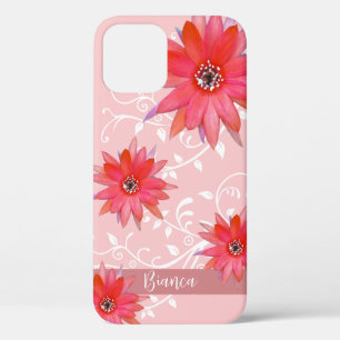 Whimsical Red Flowers Swirly Leaves Add Name Pink iPhone 12 Case