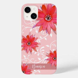 Whimsical Red Flowers Swirly Leaves Add Name Pink Case-Mate iPhone 14 Case